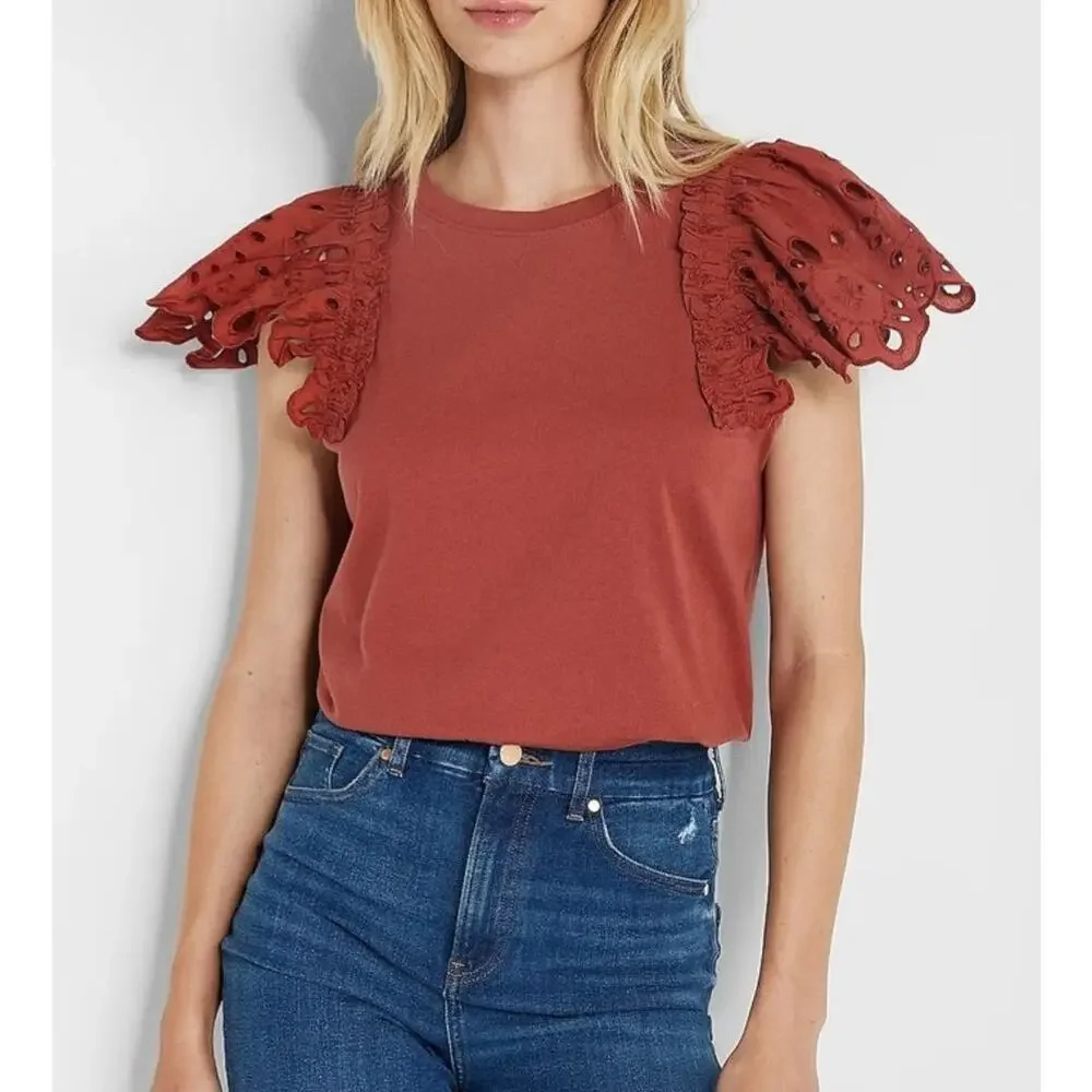 Express Minimalist Preppy‎ Rust Puff Sleeve Eyelet Tee